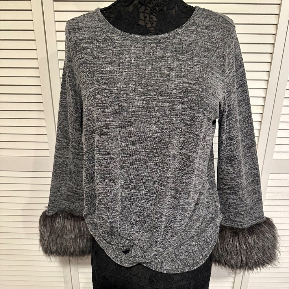 Boston Proper Crew Neck with Fur Sleeves